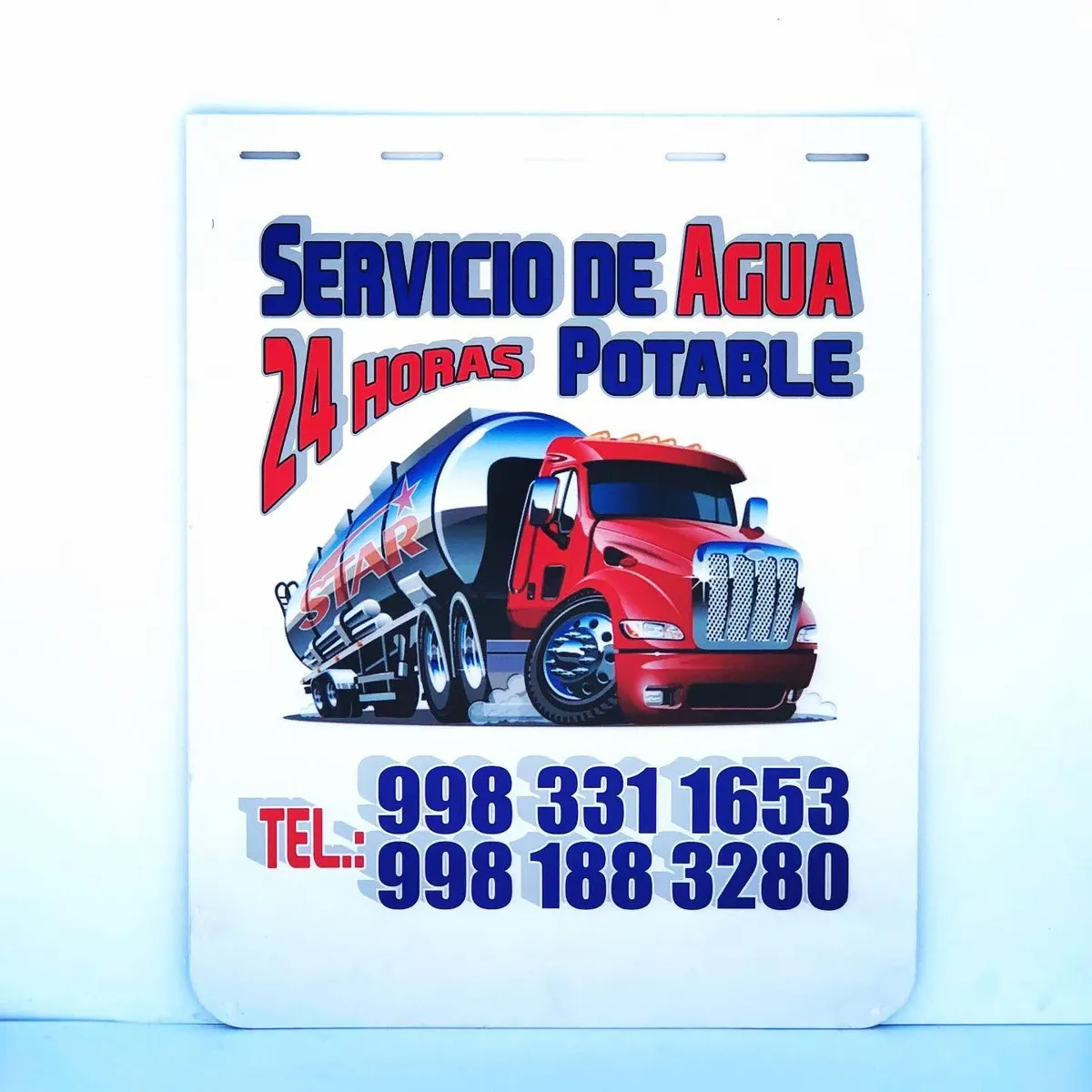 Lodera blanca personalizada para servicio de agua potable con ilustración de pipa roja y teléfonos en azul